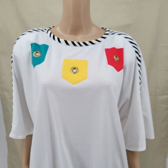Robbie Sport Vintage Nautical 80s Blouse White  Short Sleeves Stripe Details - Picture 4 of 11